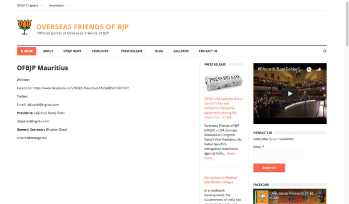 La copie d'écran du site des oversaeas friends of BJP