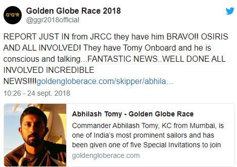 Golden Globe Race :Le skipper indien Abhilash Tomy sera soigné à Maurice