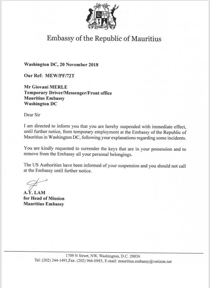 Ambassade US : Le Mauricien Giovanni Merle suspendu