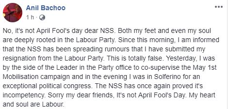 Anil Bachoo : "Sorry my dear friends, It’s not April Fool’s Day. My Heart and My Soul are Labour"