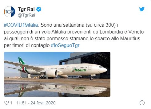 [Coronavirus] Un avion d'Alitalia, qui transporte 300 passagers, bloqué à son atterrissage à l'île Maurice