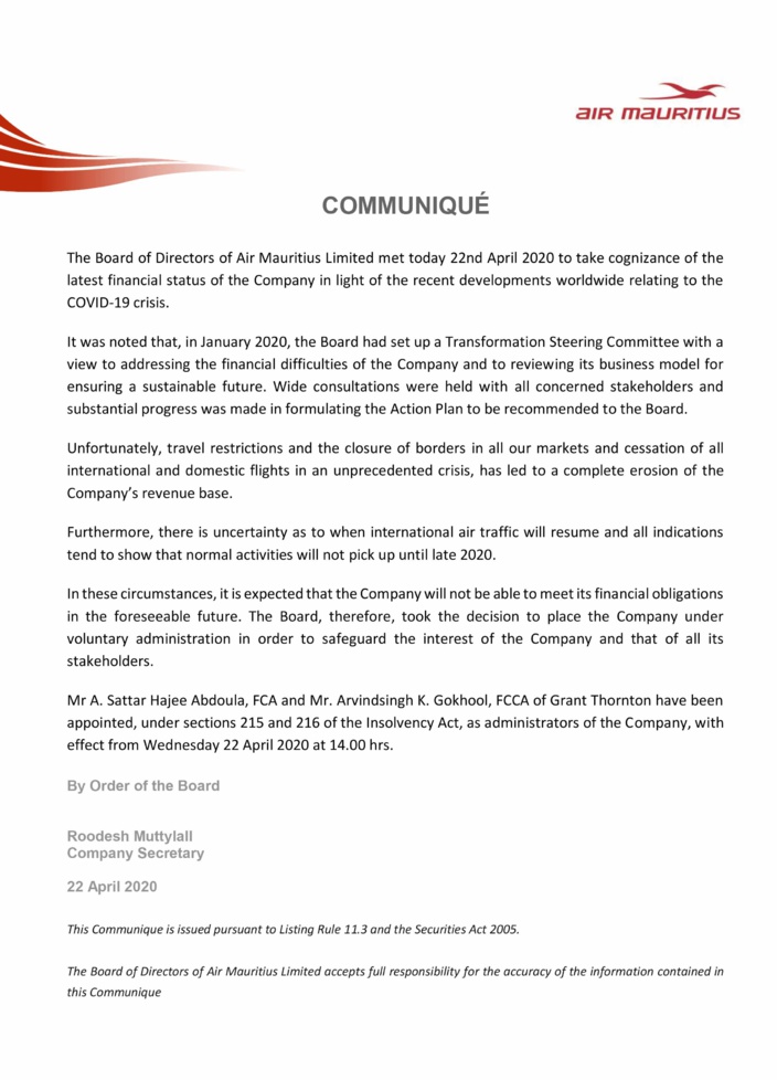 Air Mauritius se met sous administration volontaire et nomme Sattar Hajee Abdoula et Arvindsingh Gokhool comme administrateurs