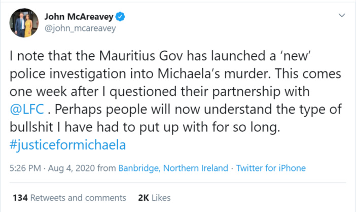  John McAreavey ironise sur la «nouvelle» enquête policière à Maurice, suite à sa colère du partenariat avec Liverpool FC