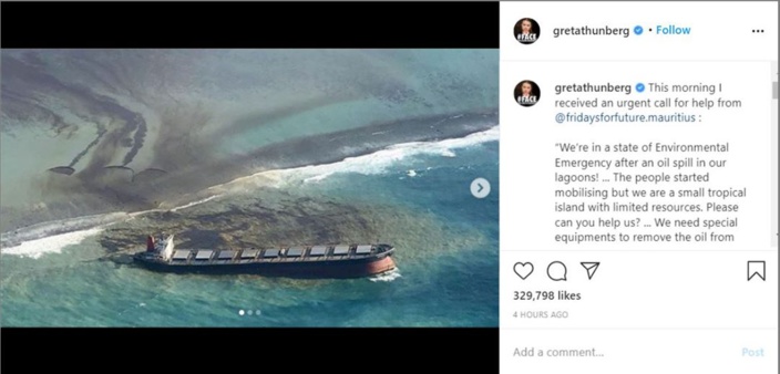 Greta Thurdeberg fait état de la catastrophe écologique à l'île Maurice