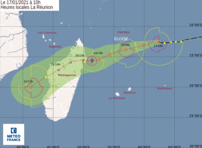 La tempête tropicale modérée baptisée Eloise évolue à environ 950 km au nord-est de Maurice