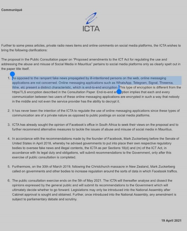 Dick Ng Sui Wa se contredit, les réseaux sociaux sont clairement ciblés par l'ICTA