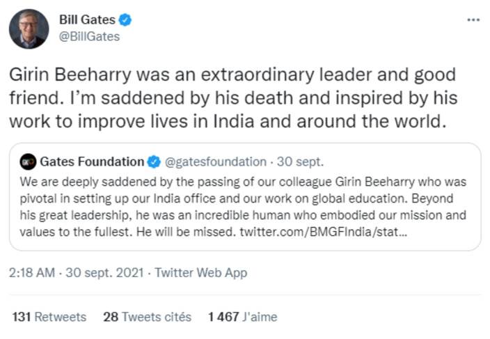 Bill Gates rend hommage au Mauricien Girin Beeharry