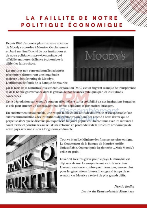 Notes de Moody's de Baa2 à Baa3 : Bodha affirme qu'il s’agit des pires notes à l'île Maurice depuis 1996 
