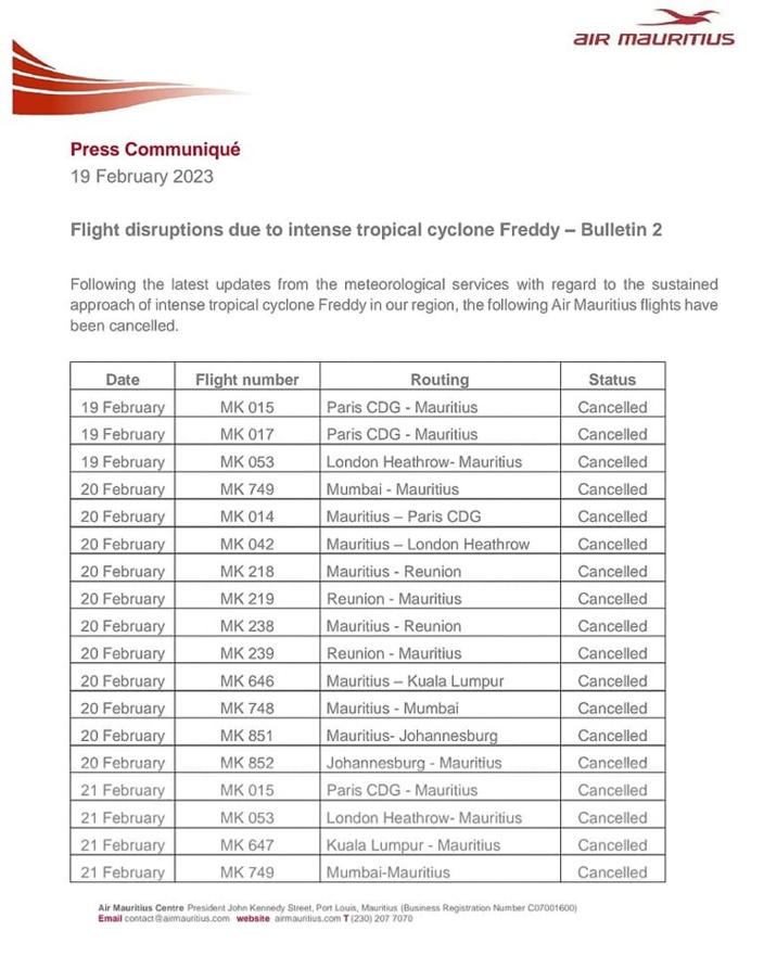 Cyclone Freddy : l'aéroport de Plaisance fermera ses portes ce lundi jusqu'à nouvel ordre