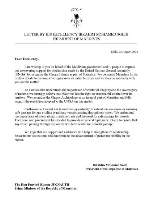 Maldives : La lettre de la discorde concernant la souveraineté de Maurice sur les Chagos