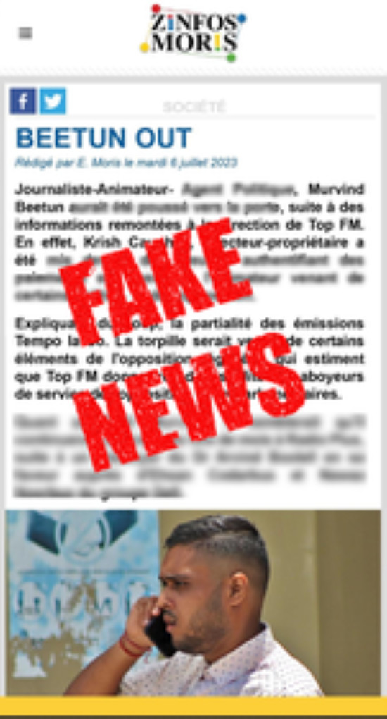 Zinfos Moris victime d'une Fake News grossière et mensongère