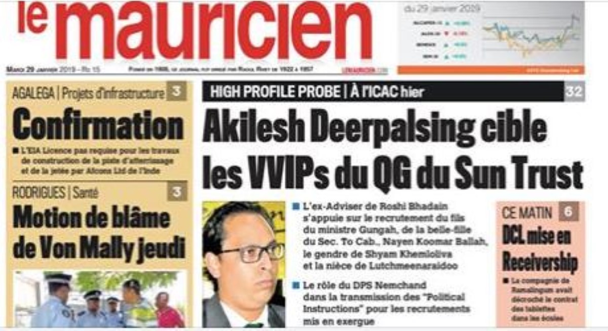 L'édition papier du journal le Mauricien du 29 janvier indisponible suite à une panne technique