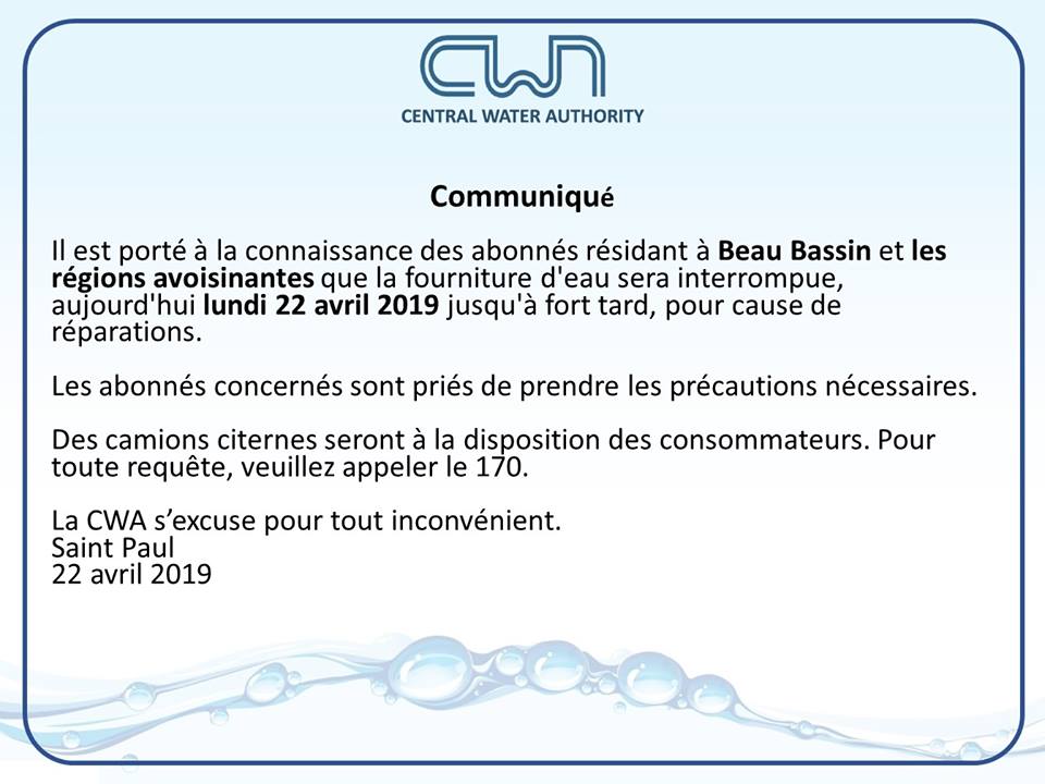 CWA : Coupure d'eau à Beau-Bassin ce lundi soir