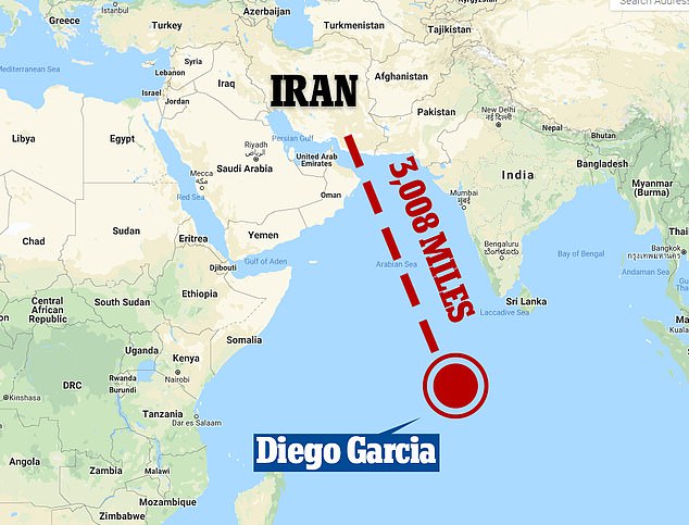 Diego Garcia est situé à environ 1 000 miles au sud de l'Inde et se trouve à plus de 3 000 miles de l'Iran.
