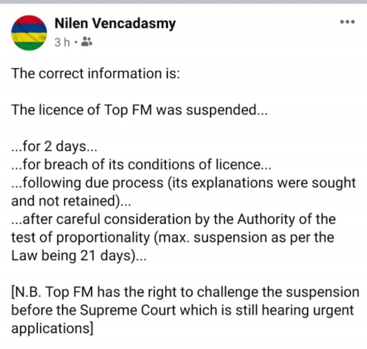 Nilen Vencadasmy publie puis supprime son interprétation de la suspension de Top Fm