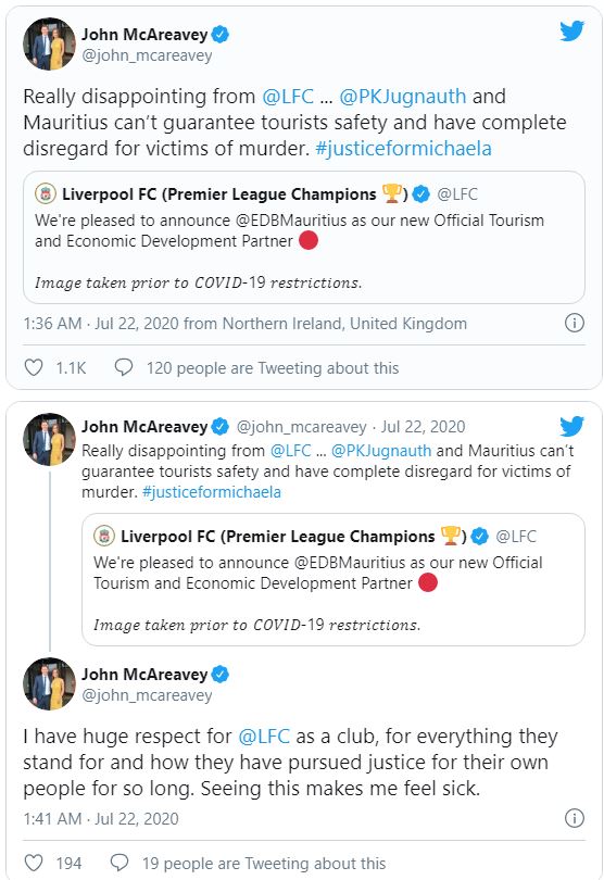 Liverpool FC: le mari de Michaela Hart McAreavey se sent « écoeuré » de l'accord avec l'île Maurice