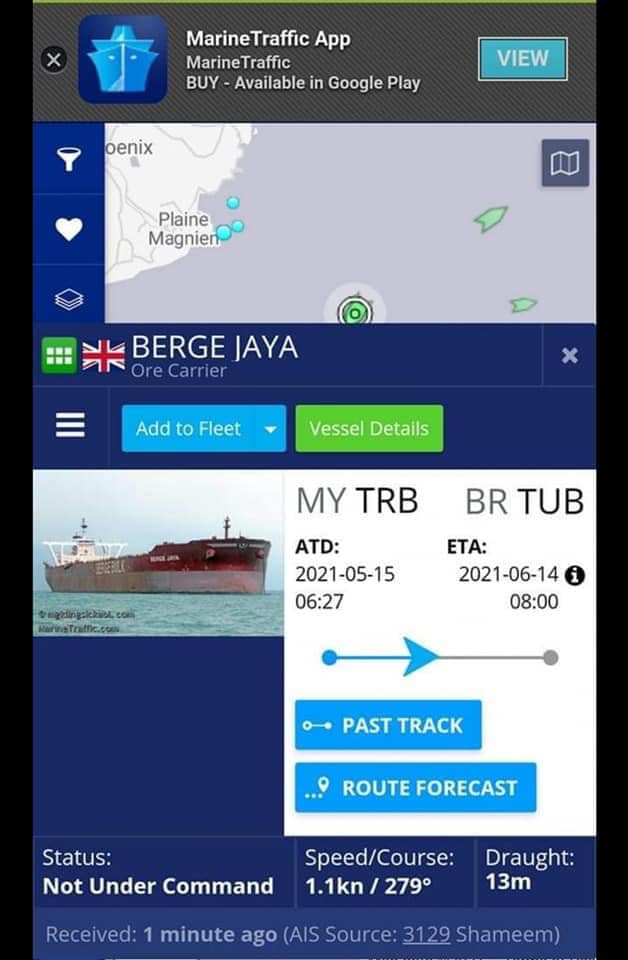 Au large de Pointe d’Esny, le navire Berge Jaya connaît actuellement une « panne moteur »