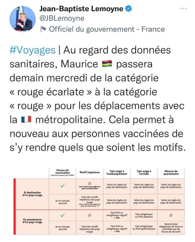 L'île Maurice rétrogradée de «rouge écarlate» à la catégorie «rouge» par la France