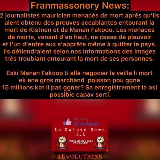 [Paul Lismore] " 2 journalistes mauriciens menaces de mort"? EOULA! Pa fer rier, do!