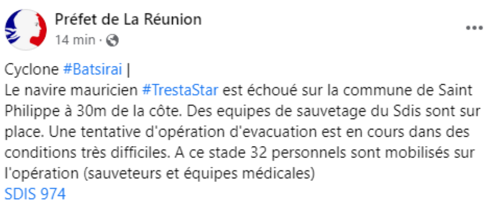 [La Réunion] Le navire mauricien TrestaStar s'est échoué : opération d'évacuation dans des conditions très difficiles