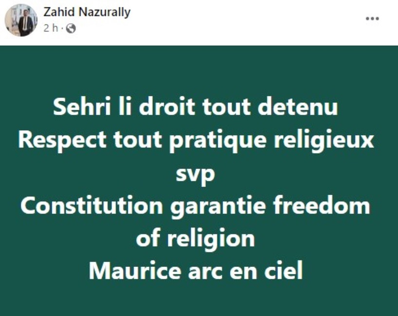 Zahid Nazurally, le Deputy Speaker de l’Assemblée nationale : « Sehri li droit tout detenu»