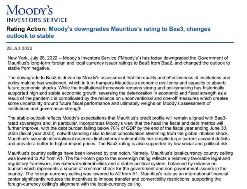 Moody’s baisse la note de Maurice de Baa2 à Baa3