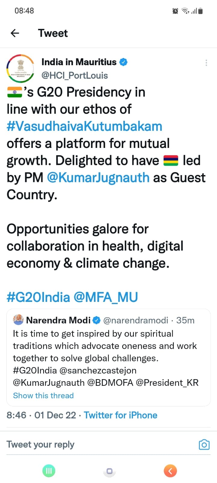 G20 en Inde : Le troublant tweet de Narendra Modi à Jugnauth